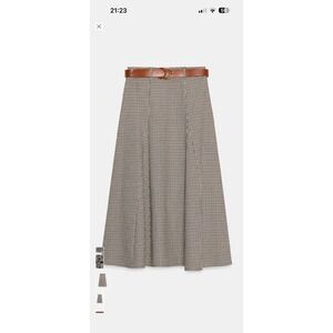 ZARA Houndstooth Midi Skirt Pleated Belted Brown Tan Women Size M